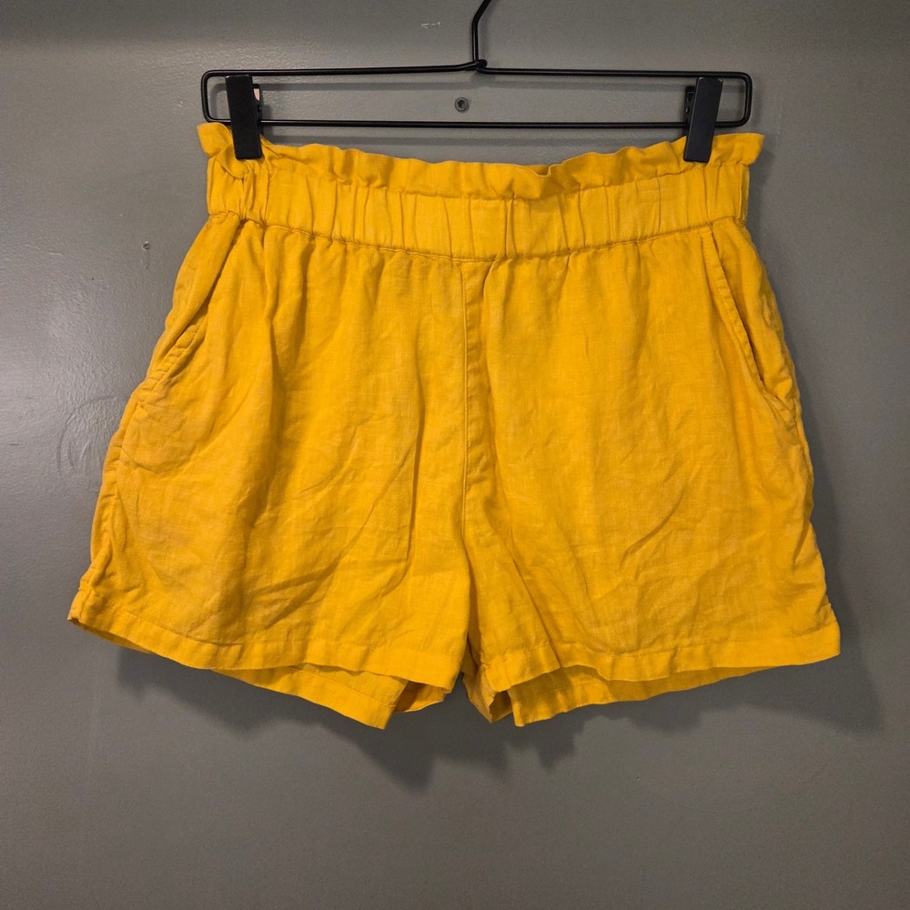 C&C California Women's 100% Linen Paperbag Waist Pull On Shorts Size M Yellow